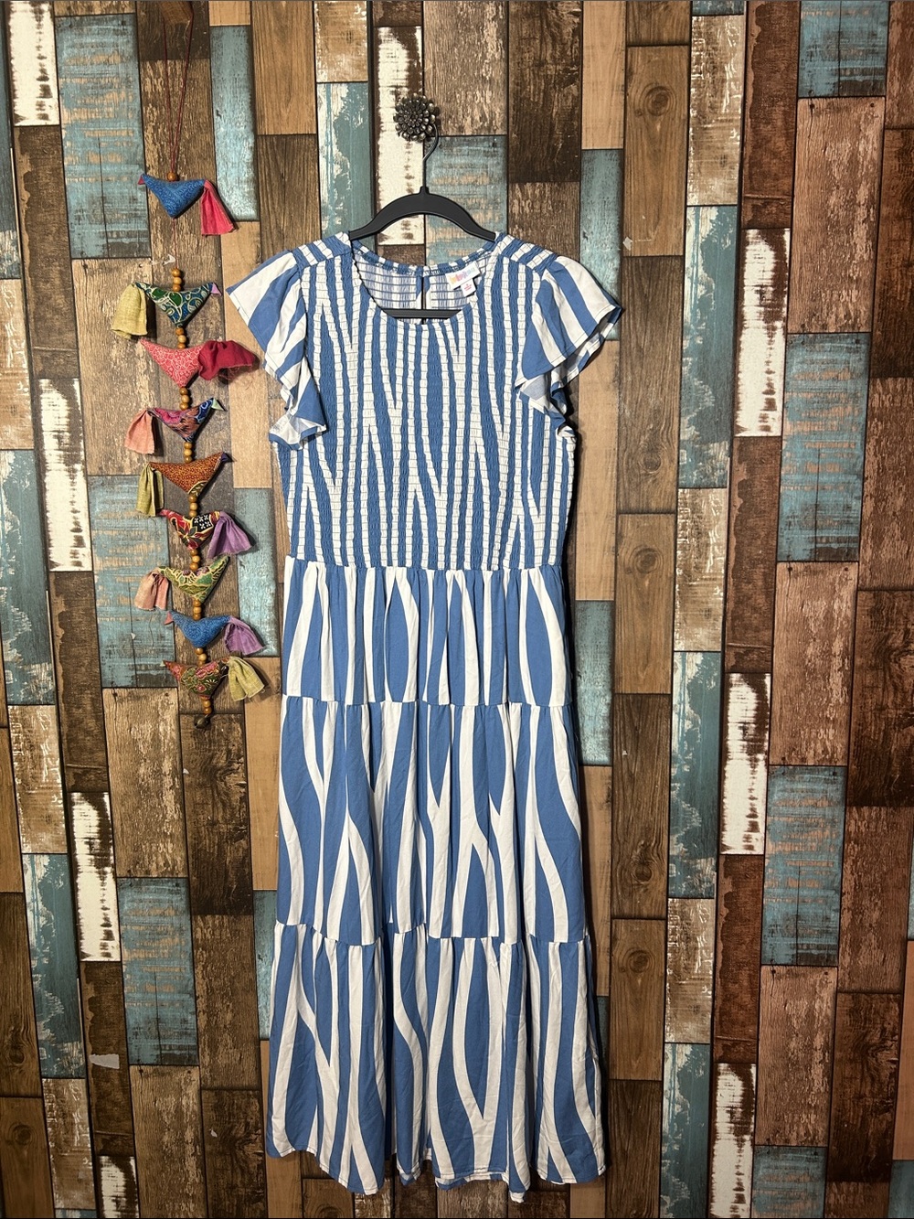 Blue and White Tiered Casual Dress with Flutter Sleeves
